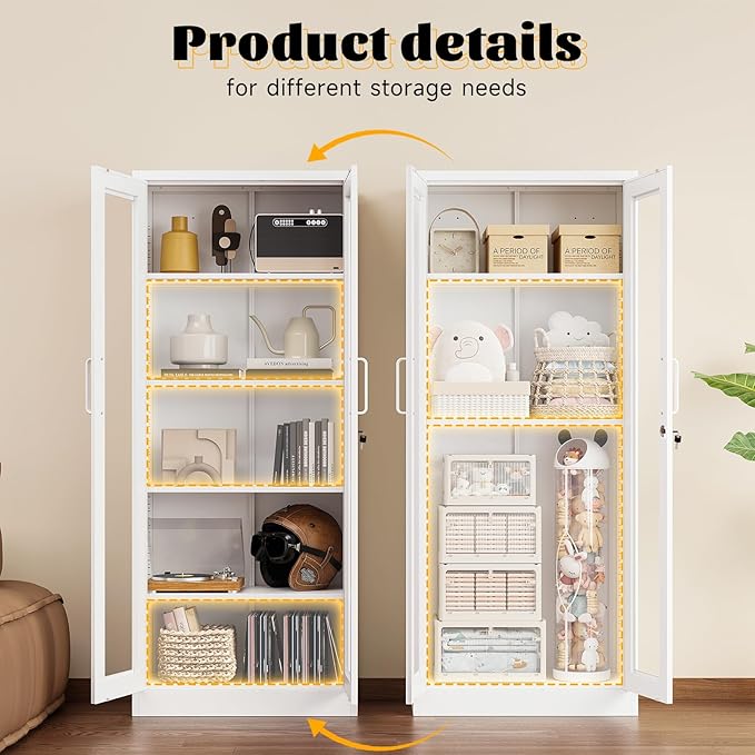 SISESOL Metal Storage Cabinet with Lock and Glass Doors,Glass Display Cabinet,67" Tall White Storage Cabinets,Locking Curio Cabinets with 5 Shelves for Collectibles,Home,Office,Living Room