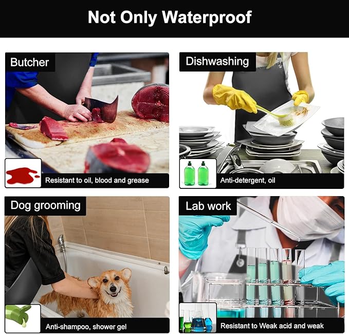 2 Pack Waterproof Rubber Apron, 48" XL Anti-Tear Heavy Duty Vinyl Adjustable Thicker Cross Back for Restaurant Dishwashing, Butcher, Lab Work, Dog Grooming - Black