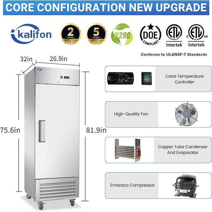 27" W Commercial Refrigerator, 23 Cu.ft Reach-in Stainless Steel Refrigerator, Single Door Upright Fan Cooling for Restaurant, Bar, Home, Shop, and Business(Equip 4 Shelves)
