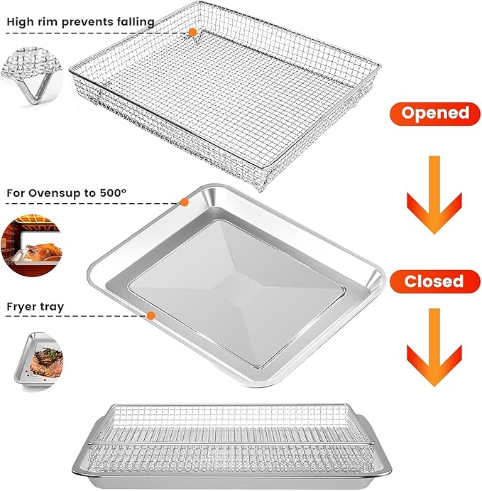 Air Fryer Basket Tray Replacement for Cuisinart TOA-60 TOA-65 TOA-70 Toaster Air Fryer Convection Oven, 12.2 * 11''Mesh Air Fryer Steel Basket Wire Rack Accessories Parts, Dishwasher Safe