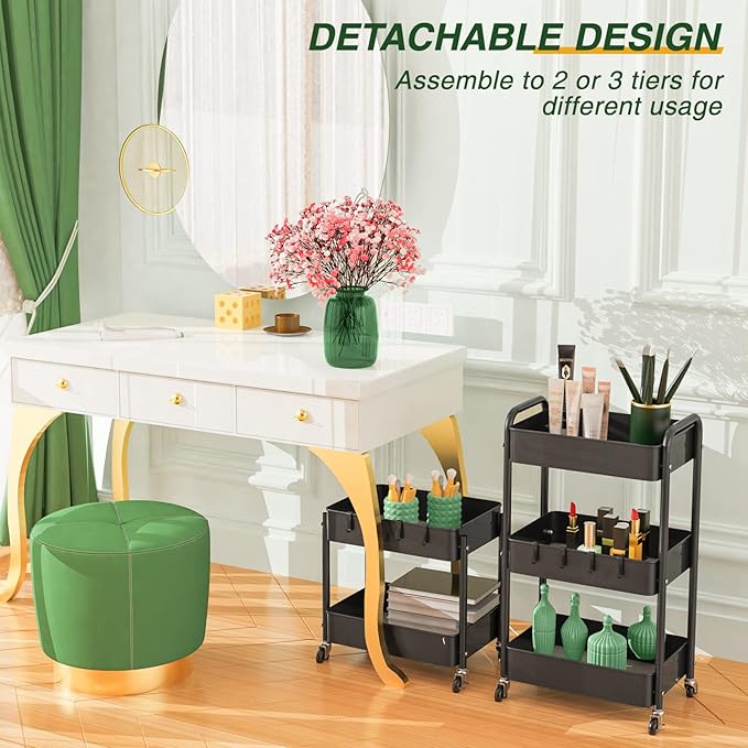 LEHOM 3 Tier Rolling Storage Cart, Metal Trolley Utility Cart with Wheels & Hooks, Easy Assembly Organizer Storage Cart for Bathroom Kitchen Office Bedroom
