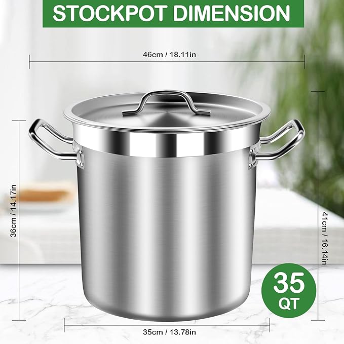 35 Quart Commercial Grade Large Stock Pot - Soup Pot with Lid - Non-Nickel Stainless Steel - Healthy Cookware Polished Stockpots - Heavy Duty - 8.8Gallon