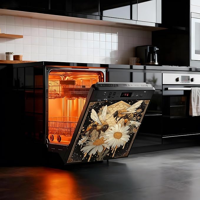 Dishwasher Magnet Cover, Creative Patterns Sticker, Dishwasher Magnetic Decoration, Refrigerator Protection Decoration, Bee and Flower, Kitchen Art Decoration 23x25.5 inches