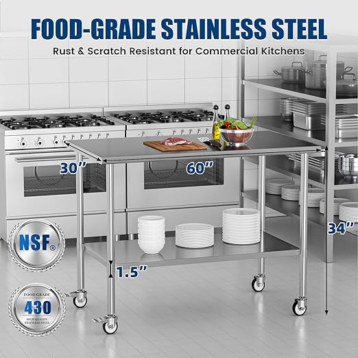 Stainless Steel Work Table with Wheels, 30x60 Inch NSF Kitchen Prep Table with Adjustable Undershelf for Commercial Restaurant, Garage, Outdoor BBQ