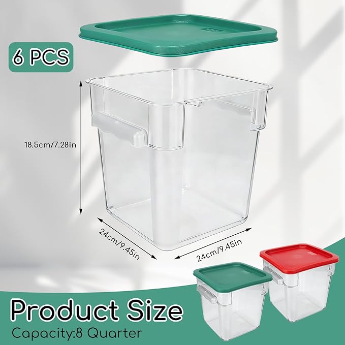 6-Pack 8 Quart Food Storage Container with Lid, Commercial Grade Square Polycarbonate 8 Qt Container with Lid, Handles & Measurement Scales, Airtight Stackable for Kitchen, Restaurant & Home Use