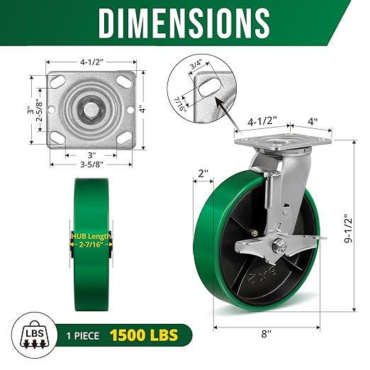 8 Inch Caster Wheels, Heavy Duty Caster with Strong Load-Bearing, Polyurethane Wheel on Steel Hub, Supports 1500 lbs Each(2 Pack Brake)