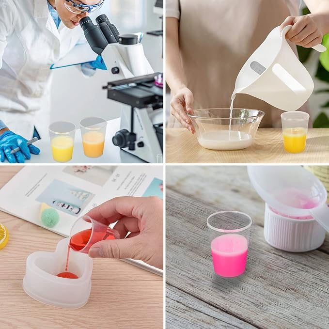 100pcs 50ML Plastic Graduated Measuring Beaker Set, Clear Liquid Measuring Mixing Cups for Epoxy Resin, Liquid Container Beakers for Resin Epoxy Paint Food, Lab Use, Raised Graduations, Tapered Spout