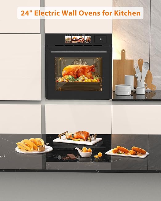 24 Inch Built-in Electric Single Wall Oven, 2.5 Cu.ft Convection Oven with 8 Cooking Functions, 360° Rotating Rotisserie, Advanced TFT Touchscreen