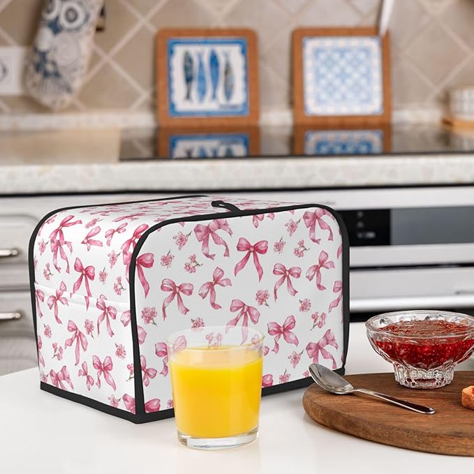 2 Slice Toaster Cover for Kitchen Pink Flower Bow Pattern Waterproof and Dustproof Toaster Dust Cover with Side Pockets Decorative Universal Cover for Wide Slot Toasters and Small Appliances