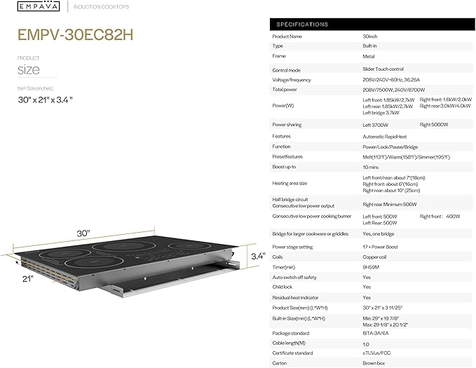 Empava 30 Inch Built-in Induction Cooktop 4 Burner, Bridge-SYNC, Auto RapidHeat, 3 Preset Modes, Pan Sensor, Hardwired 208~240V, 40A, Black Vitro Ceramic Glass