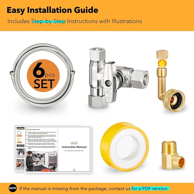 Dishwasher Hose Installation Kit - Includes Water Supply Line, 3/8" Compression Water Splitter, 3/4" FHT Elbow, and 3/8" MIP Elbow (6 FT)