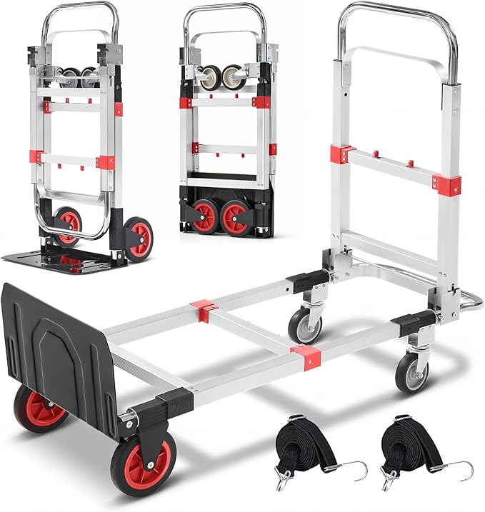 3 in 1 Folding Hand Truck Dolly Cart, Heavy-Duty Foldable and Convertible Design, Lightweight Portable Utility Cart with Rubber Wheels and Telescoping Handle for Moving, 500 lbs Capacity (Red)