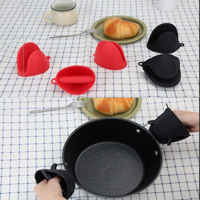 Silicone Cooking Pinch Grips Oven Mitts - Mini Finger Protector Pot Holder for Kitchen,Cooking,Baking,BBQ - Heat Resistant Gloves, 2 Pairs (Black and Red)