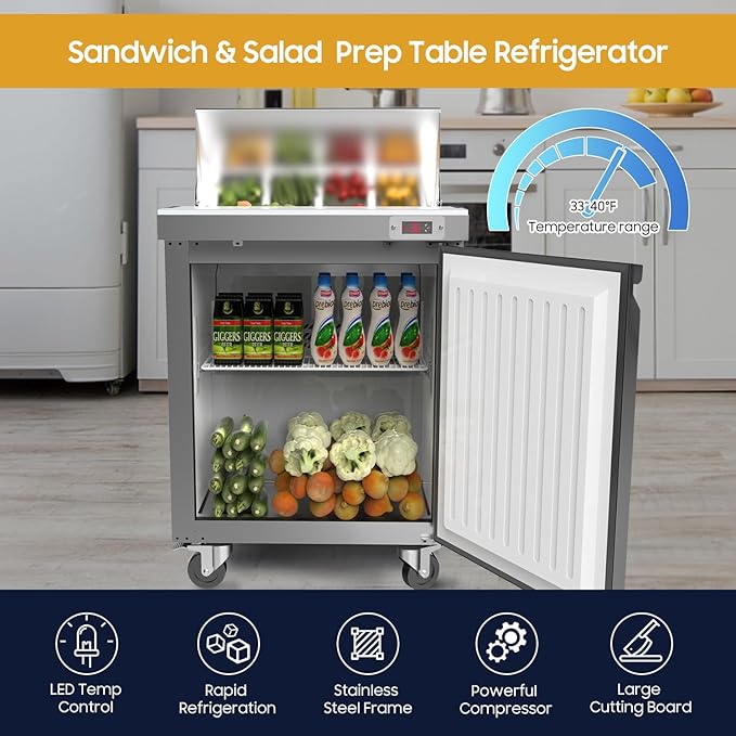 29" Commercial Refrigerator Sandwich&Salad Prep Table Fridge with 8 Pans 1 Door Stainless Steel Counter Fan Cooling Refrigerators