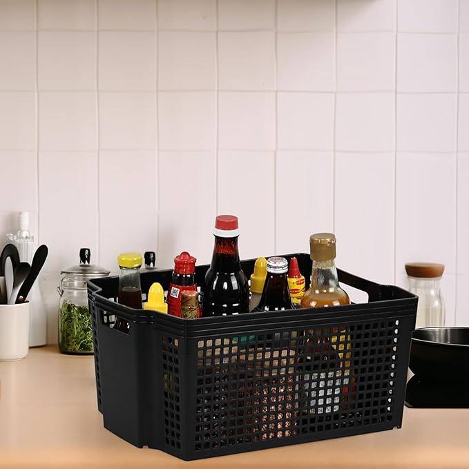 6-Pack Plastic Stackable Baskets, Stacking Plastic Storage Basket, Black