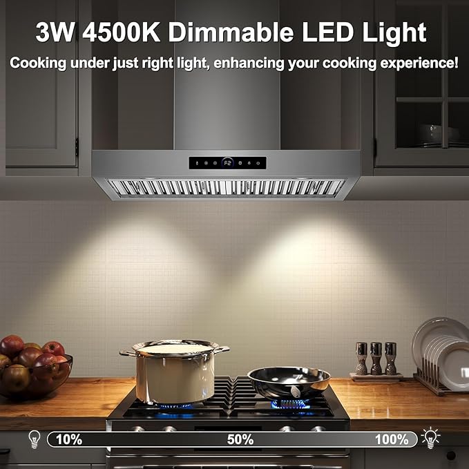 30 inch Range Hood Wall Mount, 1200 CFM with 4-Speed Gesture Sensing & Touch Control, Stainless Steel Ducted Kitchen Stove Vent Hoods with 2 LED Lights, Time Setting, Dishwasher-Safe Baffle Filters