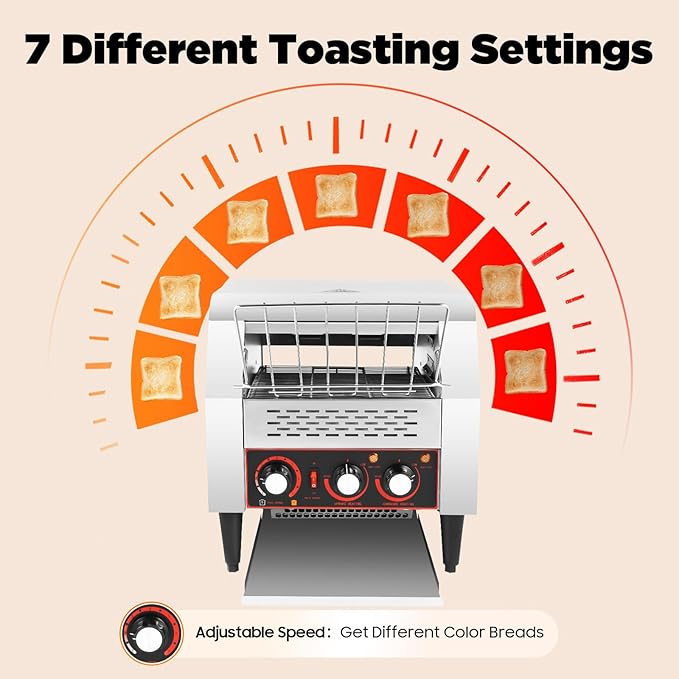 Commercial Conveyor Toaster-300 Slices/Hour, 2200W Stainless Steel Toasters with Double Heating Tubes & Adjustable Speed, Toaster Ovens Countertop for Raditional White Slices, Wheat Bagel Halves