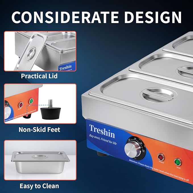 Treshin 3 Pan Commercial Food Warmer, Stainless Steel Bain Marie Food Warmers Steam Table 15 Qt 1200W with Temperature Control & Lid for Home, Catering, Restaurants