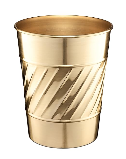 Monarch Abode Metal Bathroom Trash Can – Waste Basket for Bedroom, Office Desk, & Dorm, Handcrafted Wave Embossed, Durable Decorative Brushed Gold Small Trash Can Bathroom Garbage Bin Wastebasket