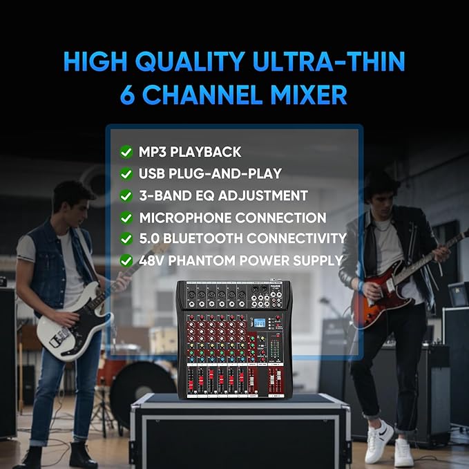 6 Channel Mixer Audio Console, CT-60S Professional Music Mixer DJ Mixing Board with Reverb Bluetooth MP3 Player 48V Phantom Power Supply USB Recording for Studio Karaoke Live Performance