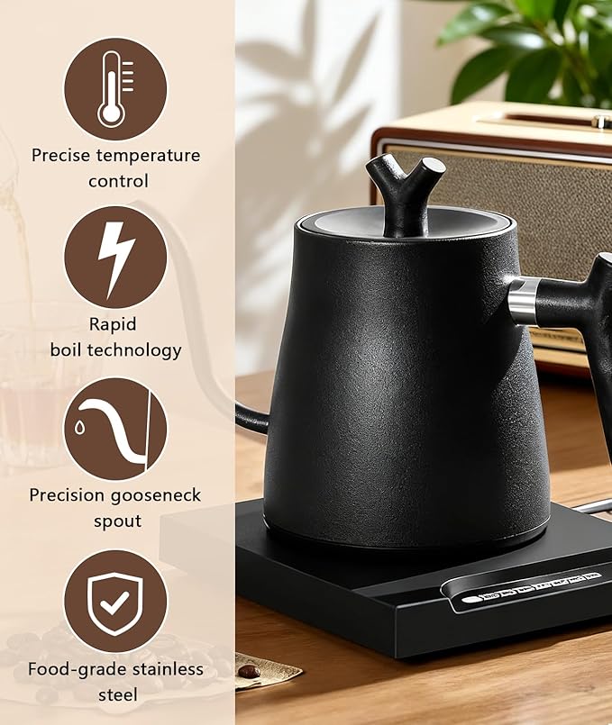 Gooseneck Electric Kettle | Electric Pour Over Kettle with Variable Temperature Control | 100% Stainless Steel Interior, Keep Warm & Auto Shut-Off | 1.0L Fast Boil for Coffee & Tea, Matte Black