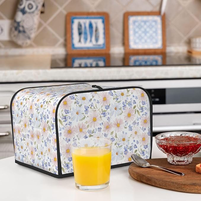 4 Slice Toaster Cover for Kitchen Flower Pastel Floral Waterproof and Dustproof Toaster Dust Cover with Side Pockets Decorative Universal Cover for Wide Slot Toasters and Small Appliances