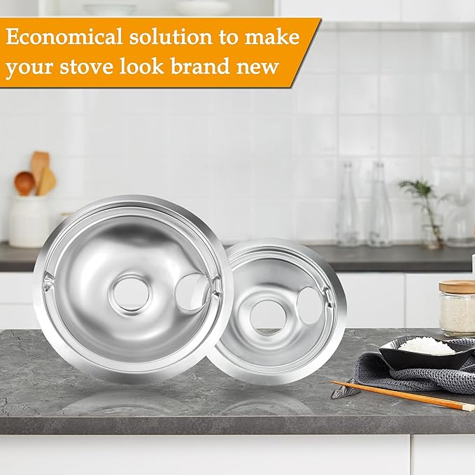 4 Pack (2) 6" & (2) 8" Electric Stove Burner Covers, Drip Chrome Pan Set Replacement for GE/Hotpoint WB31T10010 and WB31T10011
