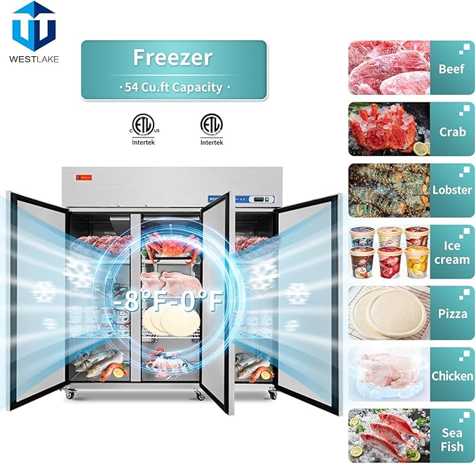 WESTLAKE Commercial Freezer 72"W 3 Door 3 Section Stainless Steel Reach-in Fan Cooling 54 Cu.ft Freezer for Restaurant, Bar, Shop, etc
