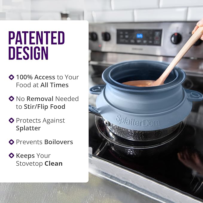 L.I.Q Silicone Splatter Guard – Fits 10 and 12 Inch Pots (25 and 30 Centimeters) – Microwave Safe and Durable SplatterDom - Includes 10” Lid - Food and Oil Splash Guard (Blue Steel, Large)