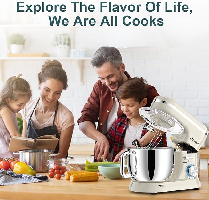 HOWORK Electric Stand Mixer,10+p Speeds Kitchen Mixer With 6.5QT Stainless Steel Bowl,Dough Hook, Wire Whip & Beater,for Most Home Cooks White
