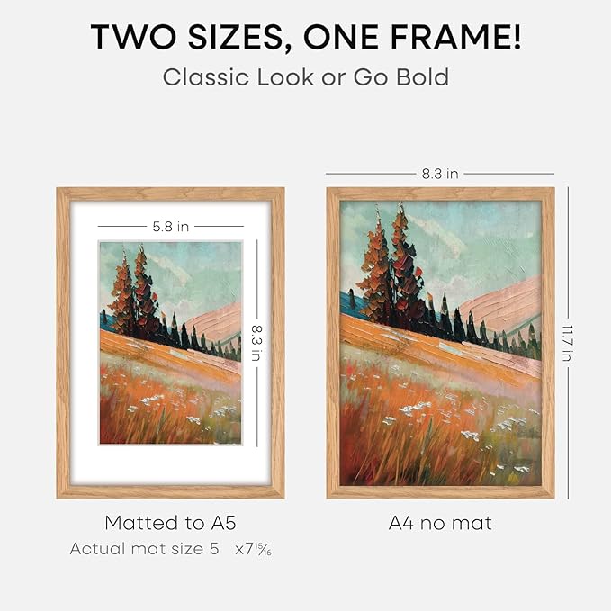 Homeforia A4 Picture Frame Wood, High-End Natural Oak 8.3 x 11.7 Wooden Poster Frames Matted to 5.8 by 8.3 inch Photo, A4 Size Light Wooden Frames with Mat A5 Print, Tempered Glass, Wall Kit, Set of 3