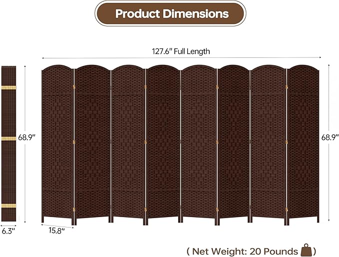 Duraspace 8 Panels Room Divider 6 FT Tall Weave Fiber Privacy Screen Freestanding Double Hinged Folding Screen Extra Wide Room Dividers for Patio Privacy (Brown)
