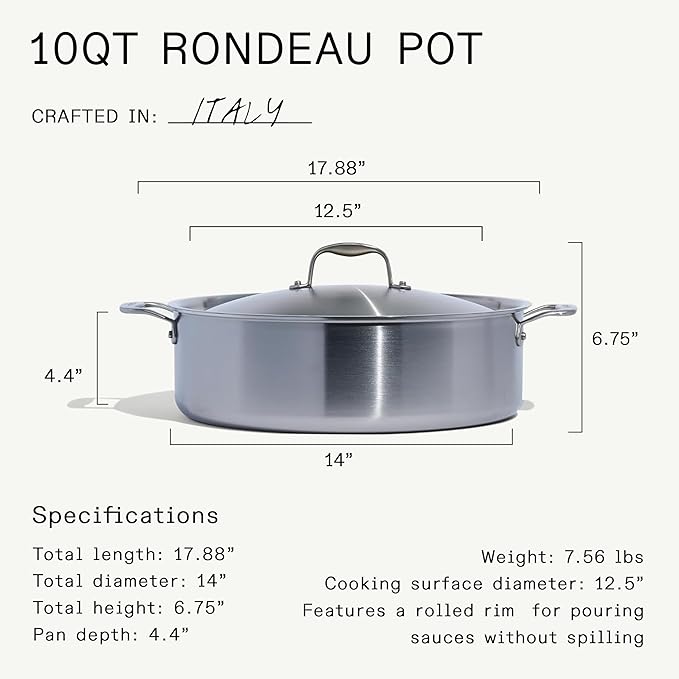 Made In Cookware - 10 Quart Stainless Steel Rondeau Pot w/Lid - 5 Ply Stainless Clad - Professional Cookware - Crafted in Italy - Induction Compatible