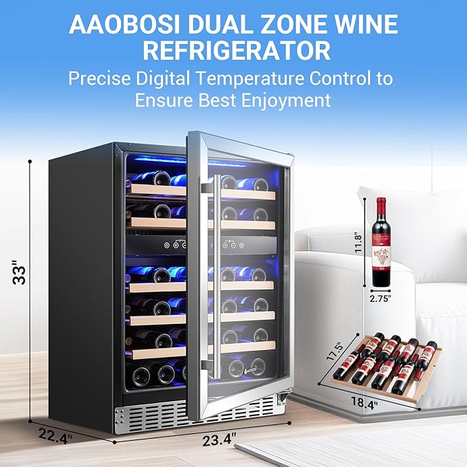 AAOBOSI Upgraded 24 Inch Wine Fridge, 48Bottles Wine Cooler with Dual Zone, Freestanding and Built-in Wine Refrigerator with Adjustable Shelves and Safety Lock, Double-Layer Glass Door, LED Light