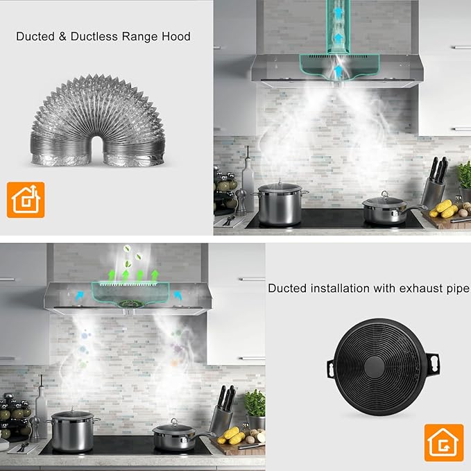 Range Hood 30 Inch Under Cabinet, 600 CFM Ducted/Ductless Vent Hood for Kitchen, Stove Vent with Bright LED Lights, Reusable Filters and 3 Speed Exhaust Fan