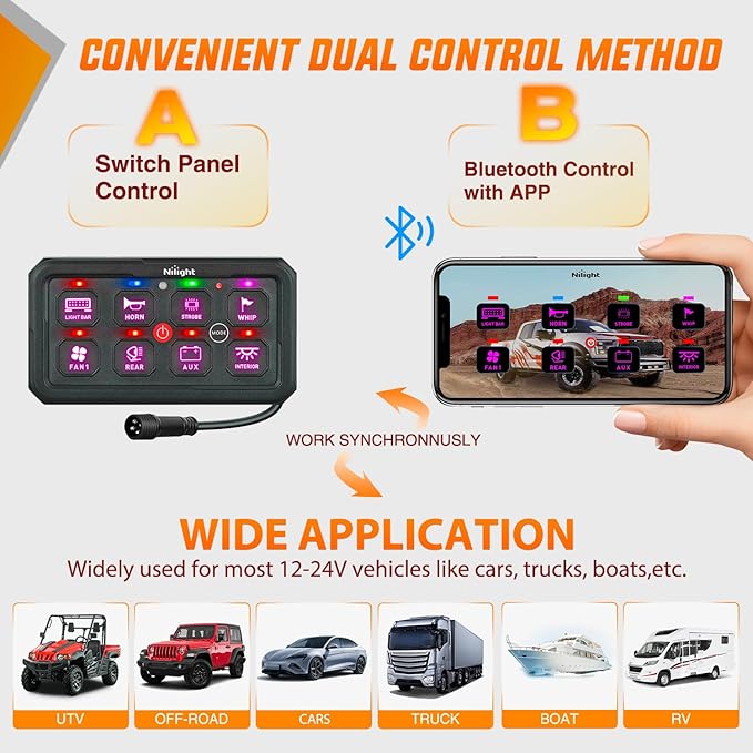 Nilight 8 Gang Switch Panel Circuit Control Relay System APP RGB Backlight Double Row Fuse Wiring Harness Toggle Momentary Strobe Flash Modes Automatic Dimmable 12V 24V for Car Truck Camper SUV