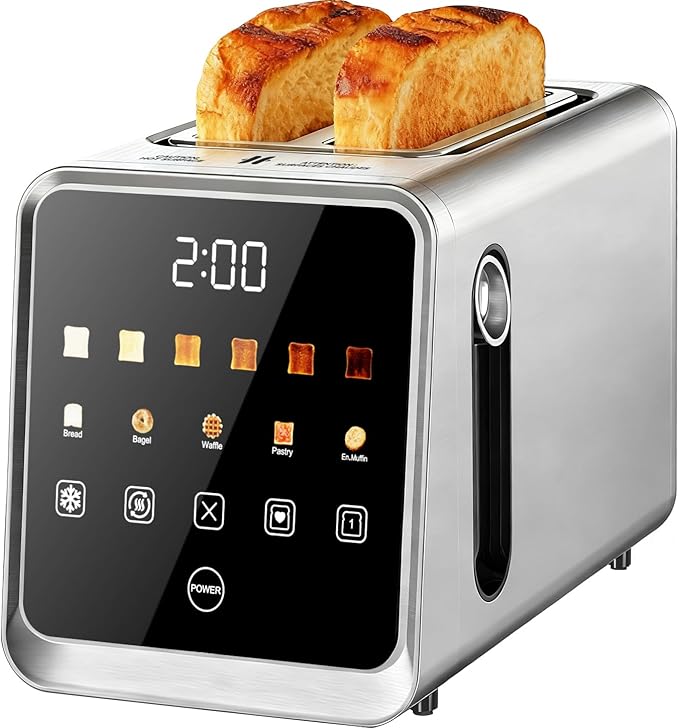 Touch Screen Toaster 2 Slice, Smart Digital with 1-Touch Memory, 1.5" Wide Slot for Bagels, 5 Bread Types & 6 Shade Settings, 900W, Defrost & Reheat