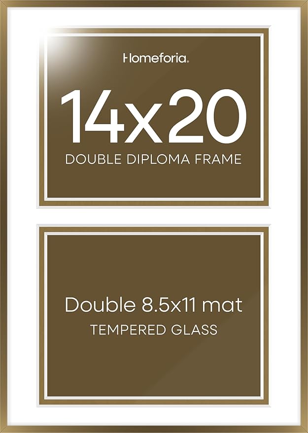 Homeforia 14x20 Double Diploma Frame Bronze, High End Metal 14 x 20 Certificate Frames with Mat for Two 8.5 x 11 Diplomas, 14by20 Dual Award Graduation Matted Frame, Tempered Glass, Wall Kit, Set of 1