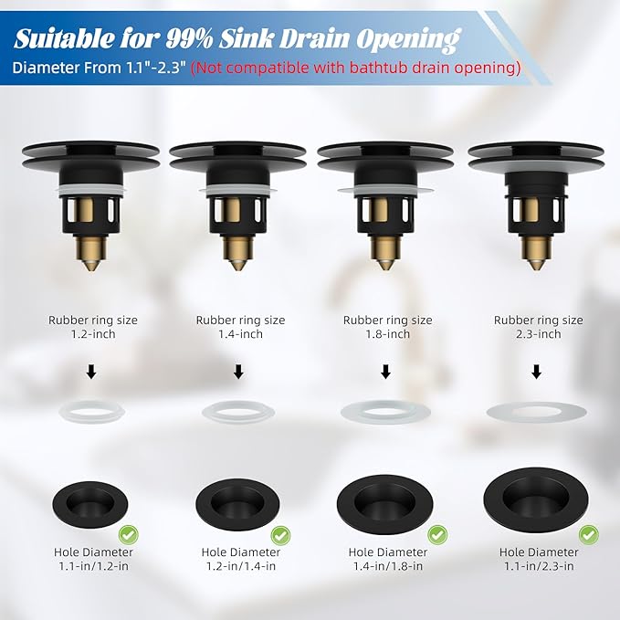 Hibbent 2 Pack All Metal Upgraded Bathroom Sink Stopper, Universal Pop Up Sink Drain Strainer, Brass Bullet Core Push Type Sink Stopper for 1.1''~2.3''' Basin, Anti Clogging Drain Filter, Matte Black