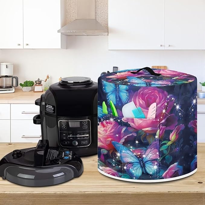 Flashideas Butterfly Roses Pressure Cooker Cover for Women Insulated Rice Cooker Cover with Easy to Clean Lining Waterproof Dust Cover with Pockets for Instant Pot 6 Quart Appliance Cover