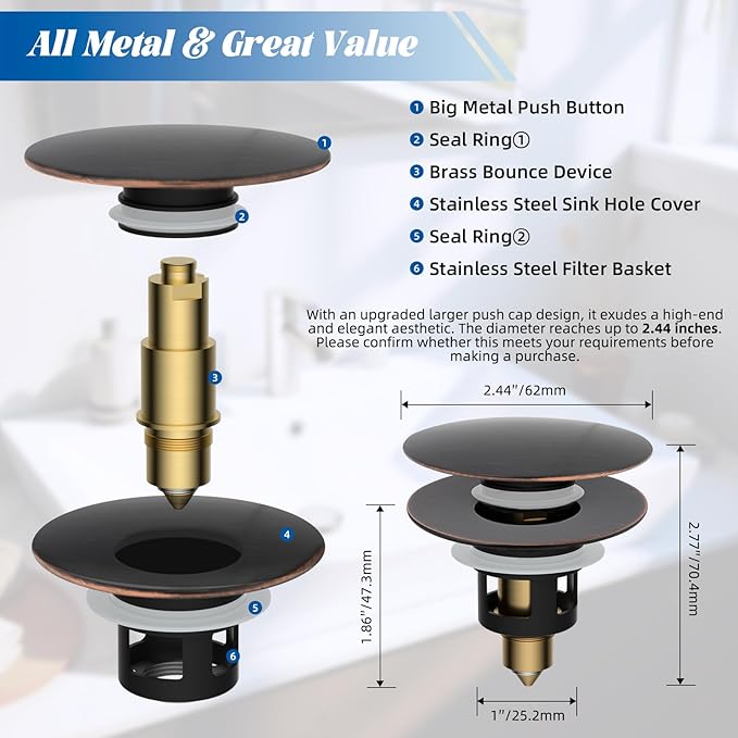 Hibbent All Metal 2 in 1 Bathroom Sink Stopper, Universal Pop Up Drain Strainer, Brass Bullet Core Push Type Stopper for 1.1''~2.3'' Basin, Big Push Button, Anti Clogging Filter, Oil-Rubbed Bronze
