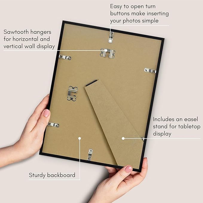 Americanflat 9x12 Picture Frame with Shatter-Resistant Glass - Streamline Collection - Thin Border Photo Frame for Tabletop and Wall Display - Hanging Hardware and Easel Stand Included - Black