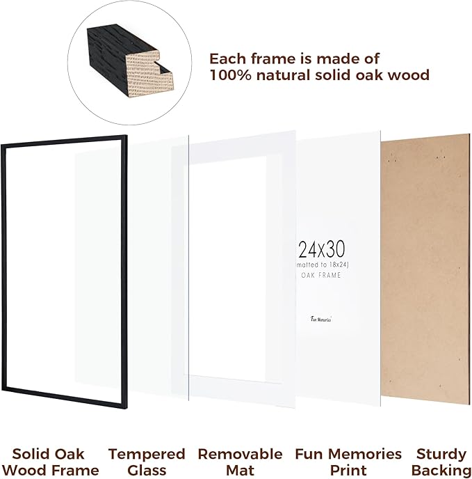 Fun Memories Black Picture Frame 24x30, Oak Wood Poster Frames 24 by 30, 24 x 30 Picture Frames with Tempered Glass, 18x24 Frame Matted to 24x30, Large Wooden Photo Frame 24x30, 1 Pack