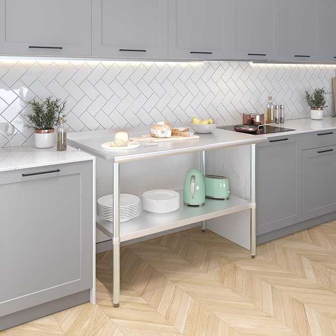 AmGood Stainless Steel Work Table with 1.5" Backsplash | Metal Kitchen Food Prep Table | NSF (48" Long x 30" Deep)