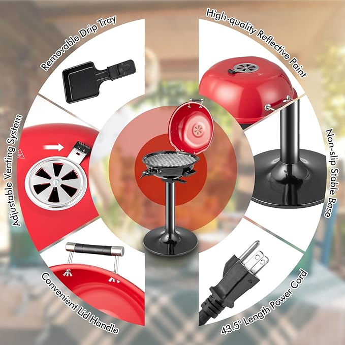 HAPPYGRILL 1600W Portable Electric Grill Outdoor BBQ Grill for 15-Serving, Electric Barbecue Grill for Indoor & Outdoor Use, Portable Stand BBQ Grill for Patio Balcony Kitchen Garden