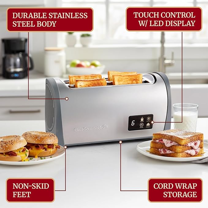 NEW Elite Gourmet ECT4200D Digital Long Slot 4-Slice Toaster, Touch Screen, 6 Toast Shades, Defrost, Reheat & Cancel Functions, Extra Wide 1.5” Slots, Fits Specialty Breads, Bagels & More, Stainless