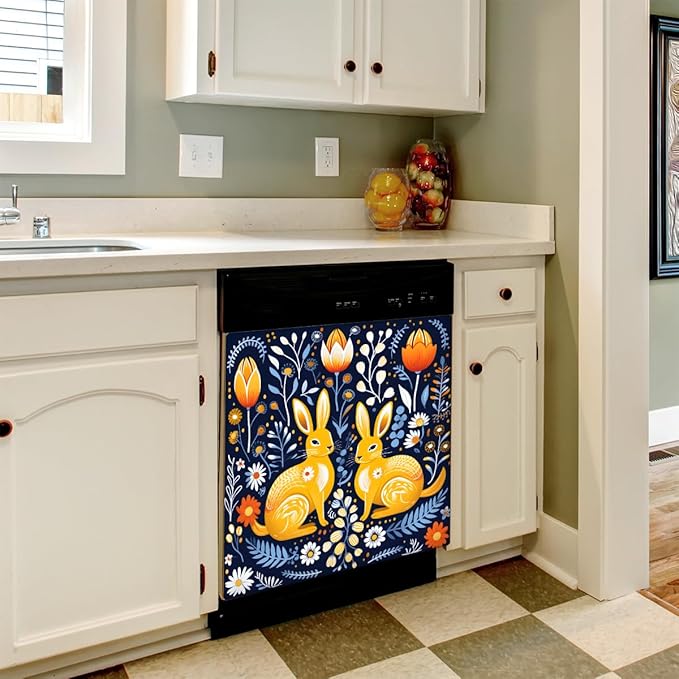Easter Bunny Beautiful Flowers Dishwasher Magnet Cover, Reusable Refrigerator Panel Stickers Microwave Front Door Covers Magnets for Kitchen Home Appliances Holiday Party Decorations 23 X 26 in