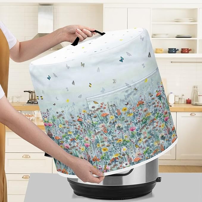 Insulated Pressure Cooker Appliance Cover, Also Fit for Air Fryer and Crock Pot, 6 Qt Dust Cover with Pocket for Spoon/Cooking Utensils/Recipes, for Home Decoration, Flower Butterfly Blue
