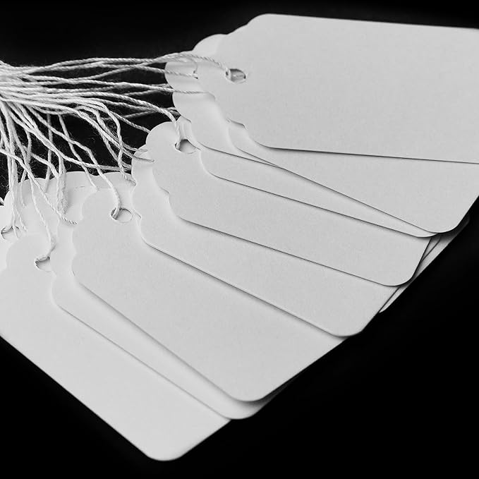 White Price Tags with String - Cuttte 1000PCS Pre-Strung Paper String Tags for Pricing, Hanging Garage/Yard Sale Clothing Jewelry Merchandise for Labeling 1.75 x 1.1 Inch