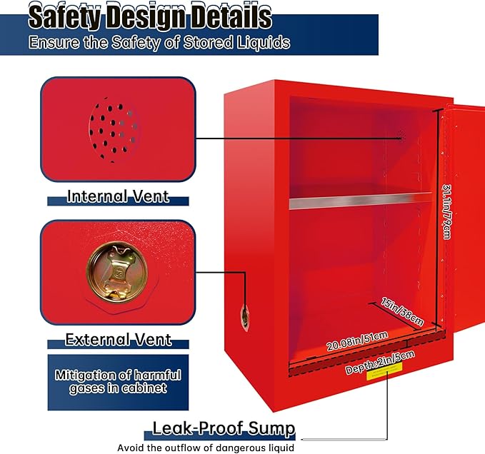 30 Gallon Flammable Storage Cabinet, 35×23.23×18in Galvanized Steel Safety Storage Cabinet, Adjustable Shelf Fireproof Cabinets, Flammable Liquid Storages Cabinets for Industrial and Home Use, Red